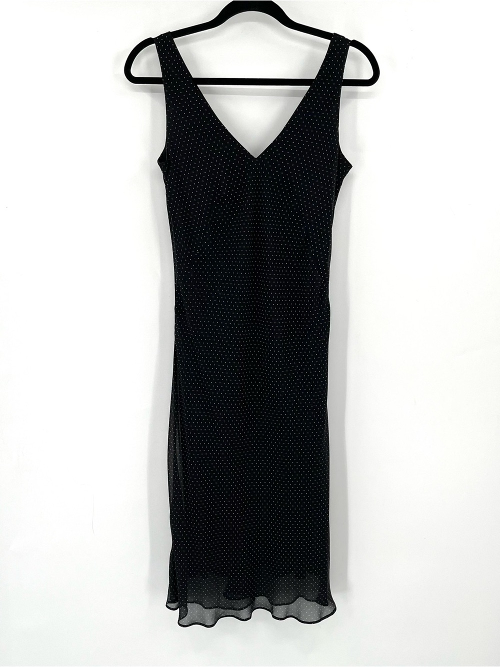 BANANA REPUBLIC V Neck Silk Midi Dress Black Polka Dot Y2K 00s Vtg Sleeveless 2